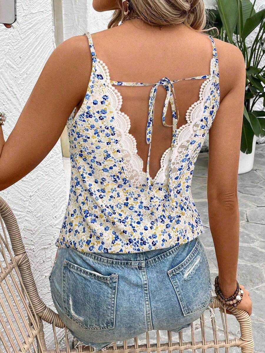 SHEIN Frenchy Top de tirantes con encaje y estampado floral para mujer, ideal para vacaciones de verano