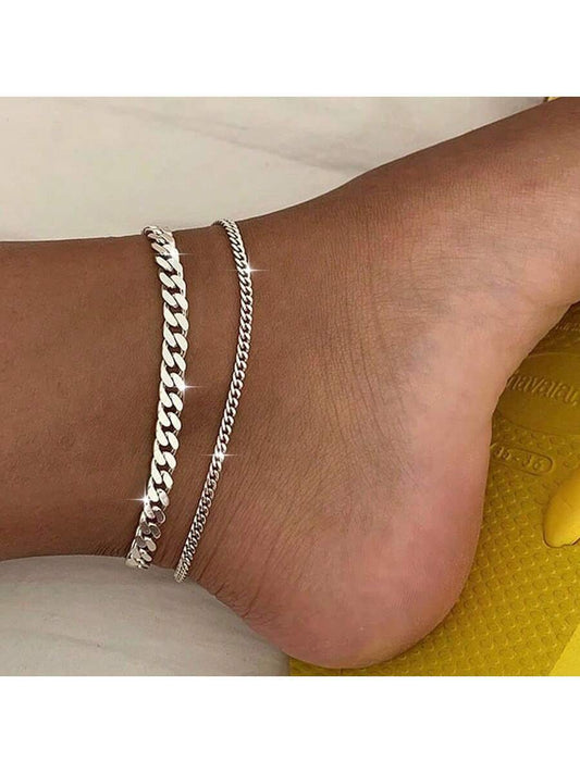1 pieza Tobillera de metal única, diseño multicapa, tobilleras de cadena gruesa y delgada minimalistas, estilo de calle de moda, conjunto de tobilleras