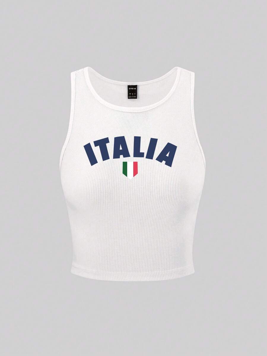 Flirla Parte superior corta de mujer de estilo Y2K con estampado de la bandera de Italia blanco
