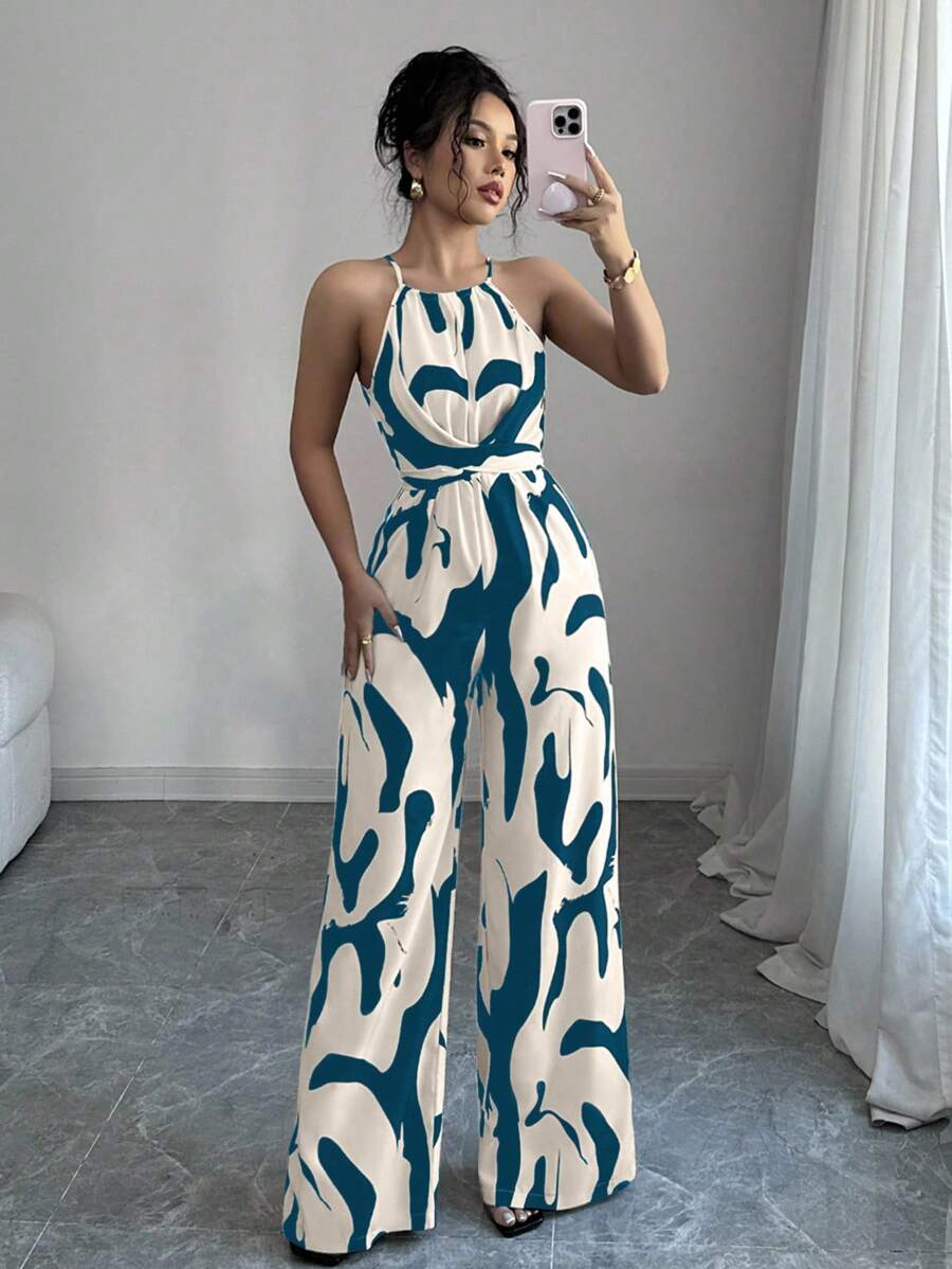 Elenzga Mono elegante de tela estampada con cintura envolvente, adecuado para vacaciones y uso diario