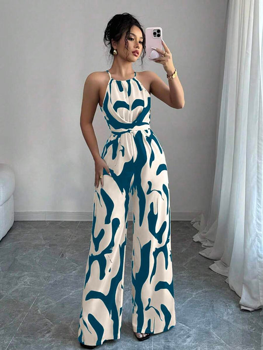 Elenzga Mono elegante de tela estampada con cintura envolvente, adecuado para vacaciones y uso diario