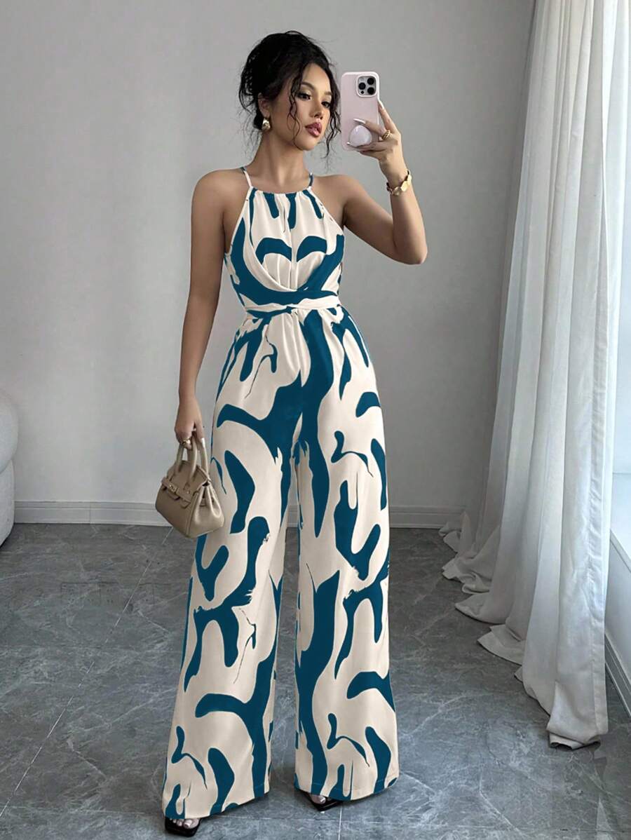 Elenzga Mono elegante de tela estampada con cintura envolvente, adecuado para vacaciones y uso diario