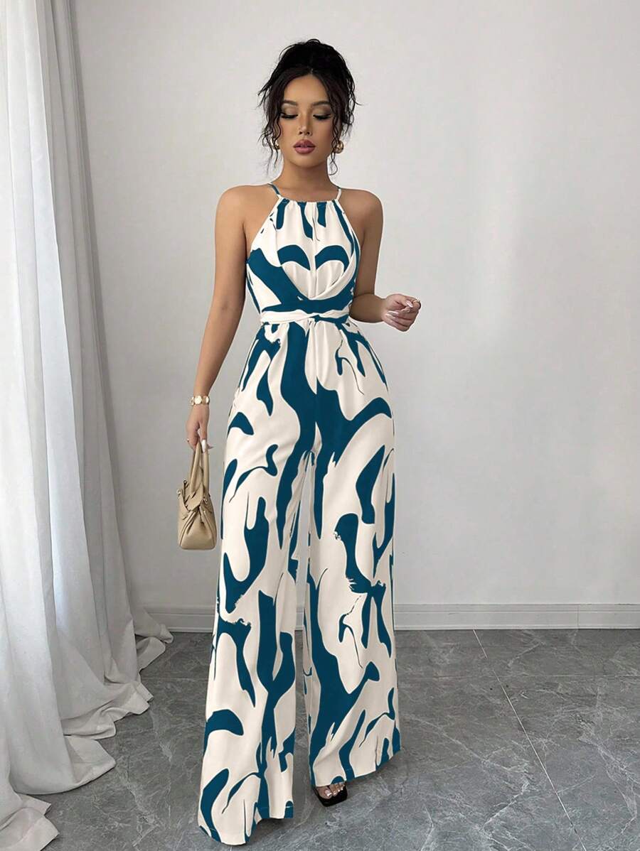 Elenzga Mono elegante de tela estampada con cintura envolvente, adecuado para vacaciones y uso diario