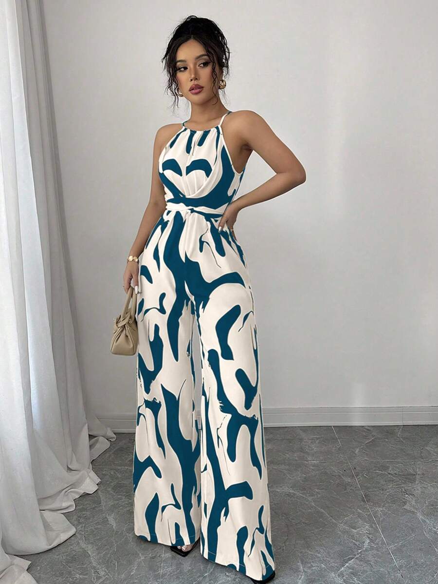Elenzga Mono elegante de tela estampada con cintura envolvente, adecuado para vacaciones y uso diario