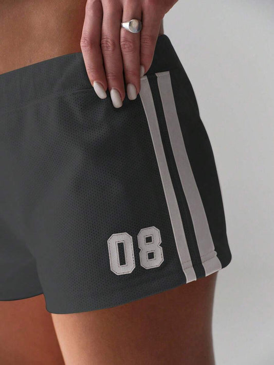Flirla Pantalones cortos de verano informales para mujeres con cordón en la cintura, talle bajo y diseño de rayas con estampado numérico