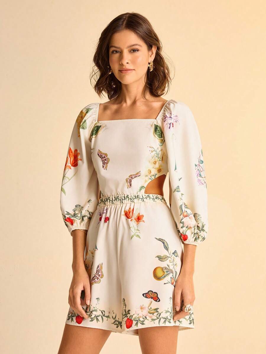 CAJUNI Mono de mujer con estampado floral tropical bohemio, cintura hueca con nudo, mangas abullonadas y espalda descubierta