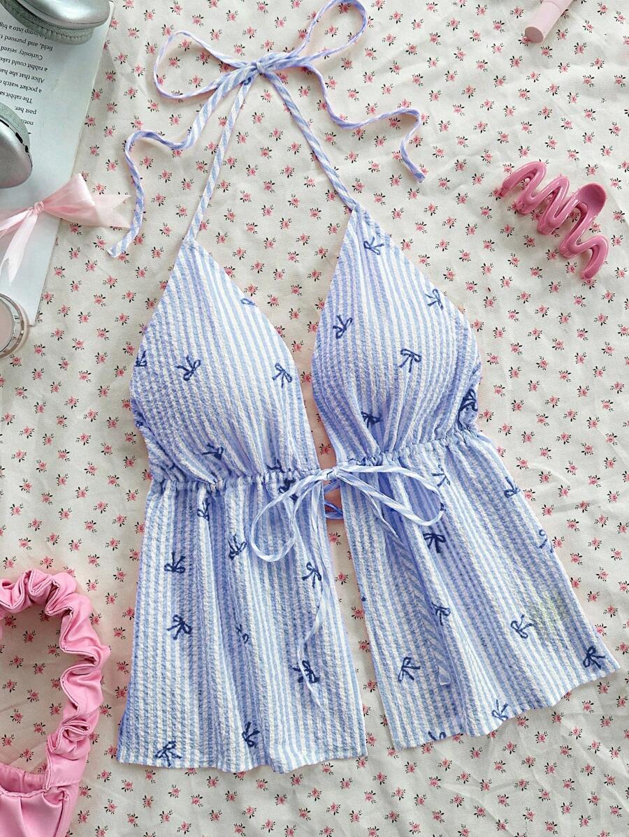 Sweetina Blusa de tirantes de cuello halter con estampado de rayas y lazo, de estilo casual de verano
