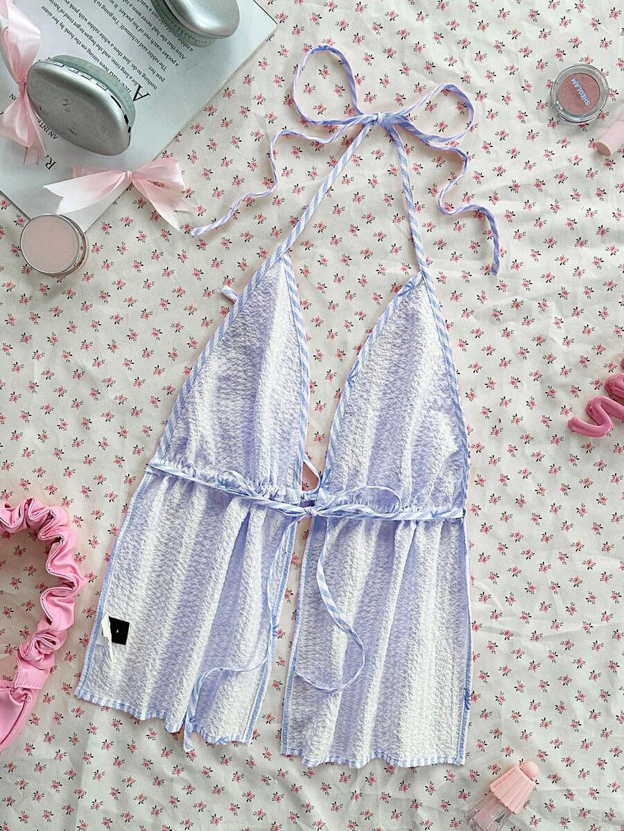 Sweetina Blusa de tirantes de cuello halter con estampado de rayas y lazo, de estilo casual de verano