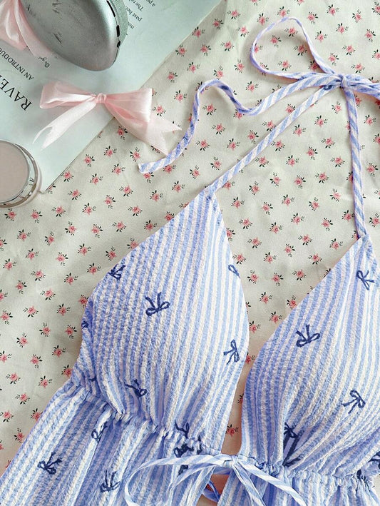 Sweetina Blusa de tirantes de cuello halter con estampado de rayas y lazo, de estilo casual de verano