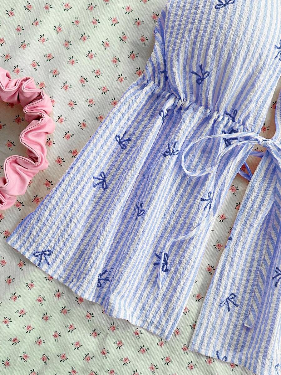 Sweetina Blusa de tirantes de cuello halter con estampado de rayas y lazo, de estilo casual de verano