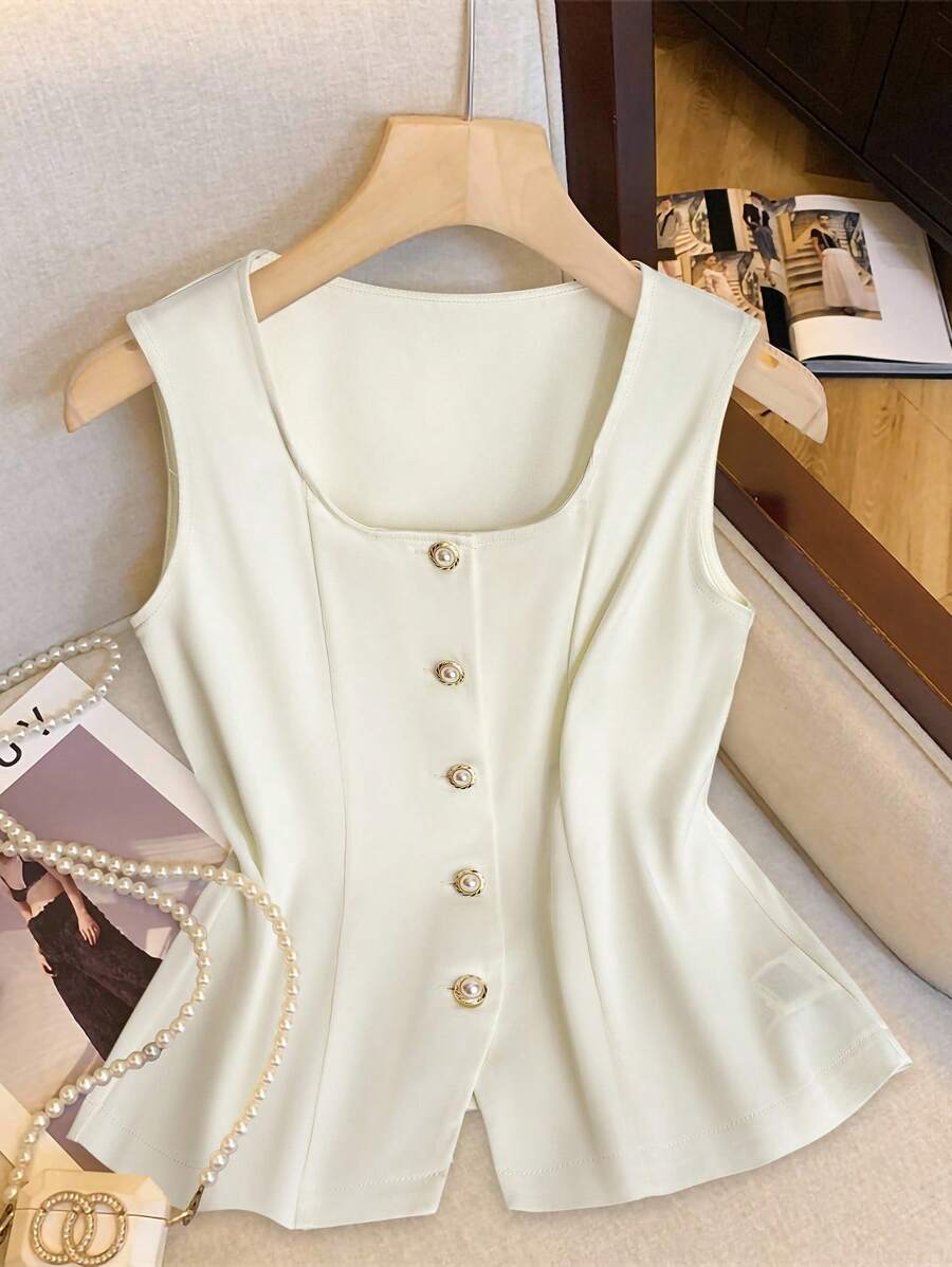 Franclia Blusa de mujer casual y elegante de unicolor, sin mangas y con botones frontales