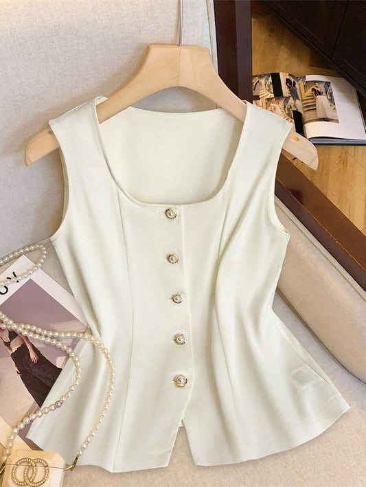 Franclia Blusa de mujer casual y elegante de unicolor, sin mangas y con botones frontales