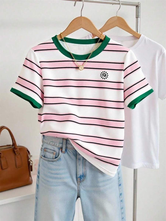 INAWLY Camiseta casual de mujer de manga corta, cuello redondo y rayas de verano