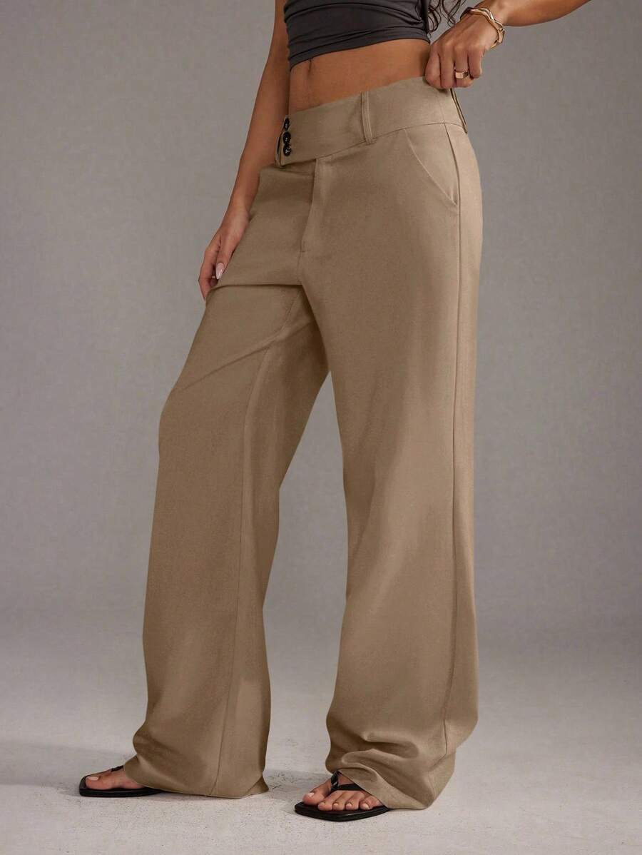 TRNVIE Pantalones rectos de mujer con botones delanteros sencillos, para uso diario casual