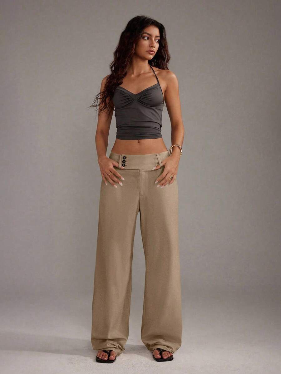 TRNVIE Pantalones rectos de mujer con botones delanteros sencillos, para uso diario casual