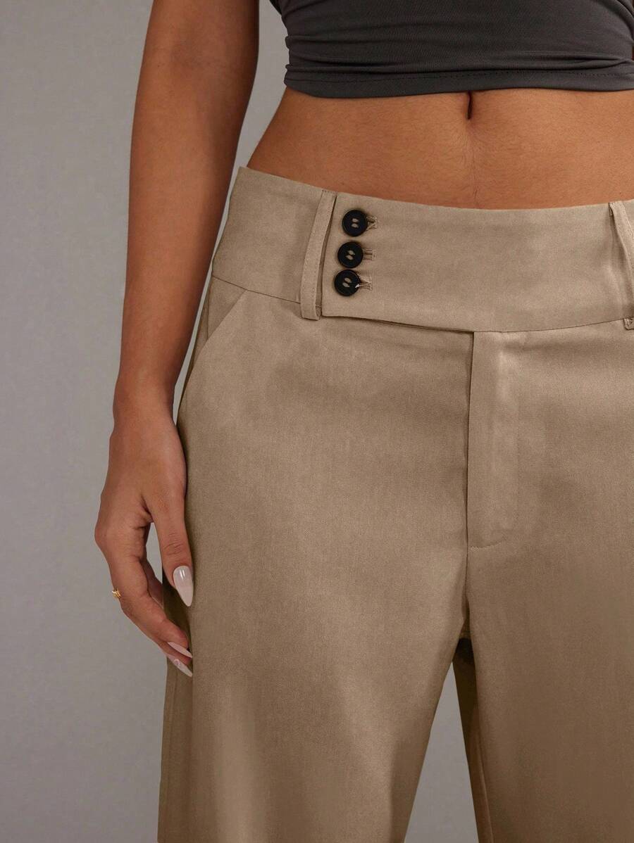 TRNVIE Pantalones rectos de mujer con botones delanteros sencillos, para uso diario casual