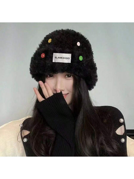 Sombrero plano de mujer para otoño/invierno, sombrero casual mongol, sombrero esponjoso, gorro de punto grueso y cálido de unicolor y lindo con protección para las orejas, turbante suelto y dulce, gorro de punto con botones para atuendos de invierno