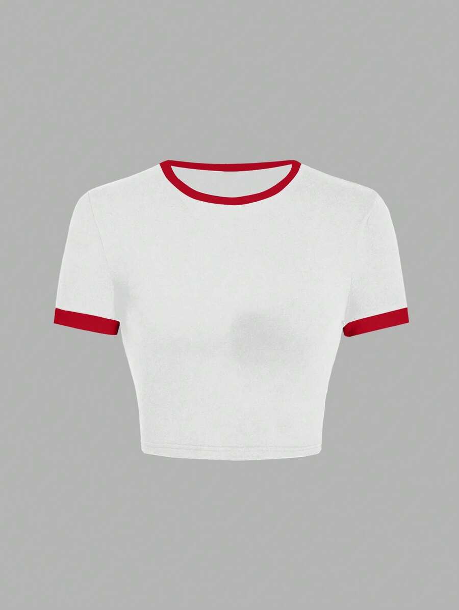 SHEIN EZwear Casual Minimalist Pattern Contrast Color Collar & Cuff Fitted Cropped Women T-Shirt, Suitable For Summer