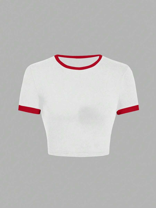 SHEIN EZwear Casual Minimalist Pattern Contrast Color Collar & Cuff Fitted Cropped Women T-Shirt, Suitable For Summer