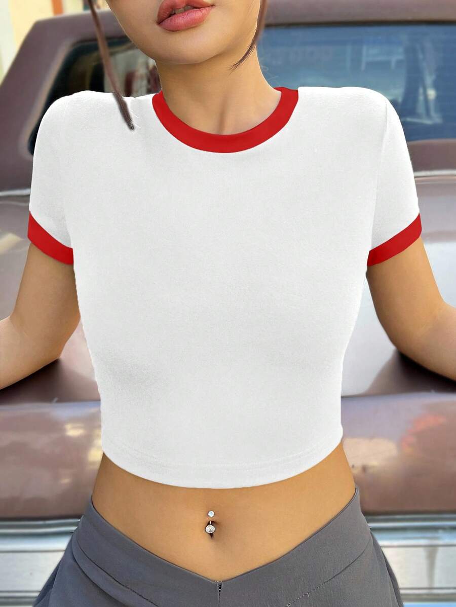 SHEIN EZwear Casual Minimalist Pattern Contrast Color Collar & Cuff Fitted Cropped Women T-Shirt, Suitable For Summer