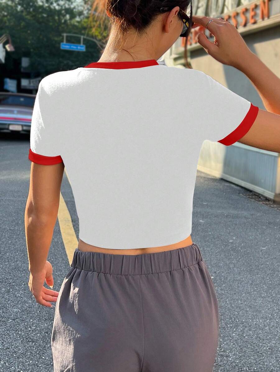 SHEIN EZwear Casual Minimalist Pattern Contrast Color Collar & Cuff Fitted Cropped Women T-Shirt, Suitable For Summer