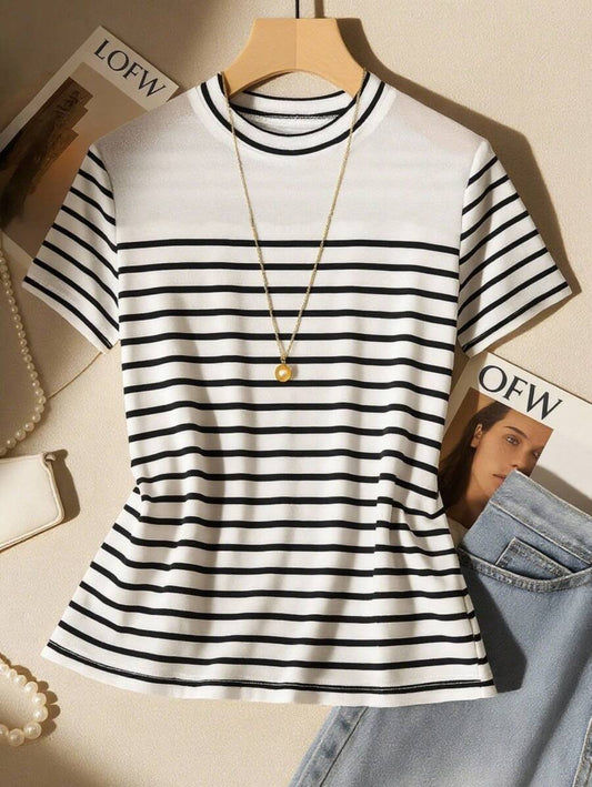 Franclia Camiseta de manga corta de mujer de verano con rayas de contraste, camisa de mujer a rayas de manga corta, blusas de mujer con rayas negras y blancas