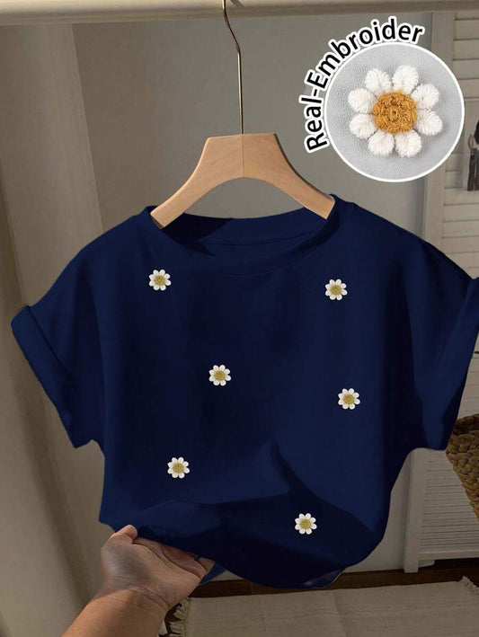 Comfortcana Camiseta de manga corta de ajuste holgado con cuello redondo, estilo minimalista casual, con bordado de margaritas en azul marino, adecuada para verano, hogar y reuniones