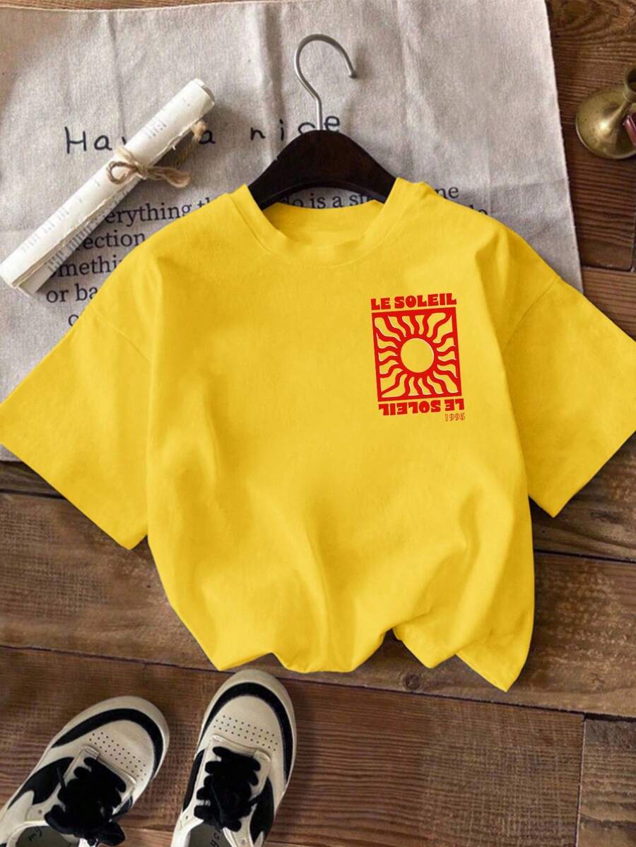 SHEIN Unity Camiseta de manga corta casual de playa y vacaciones con estampado de sol para mujer