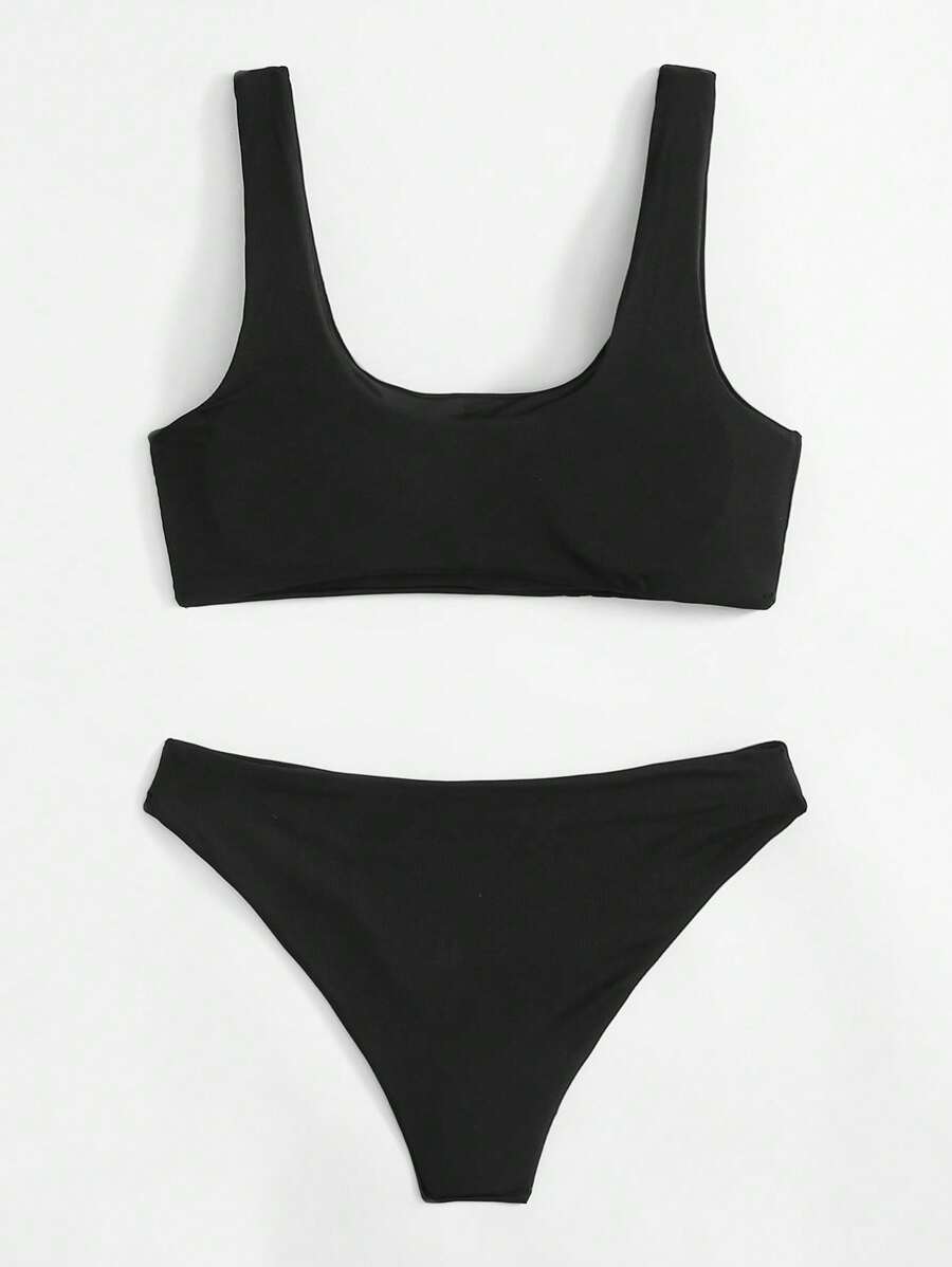 Swim Basics Juego de bikini con costillas para la playa en verano, juego de bikini de cobertura total