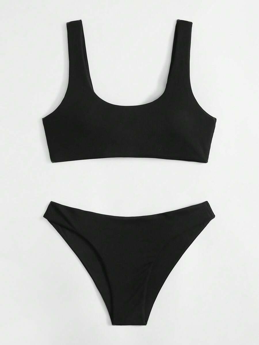 Swim Basics Juego de bikini con costillas para la playa en verano, juego de bikini de cobertura total