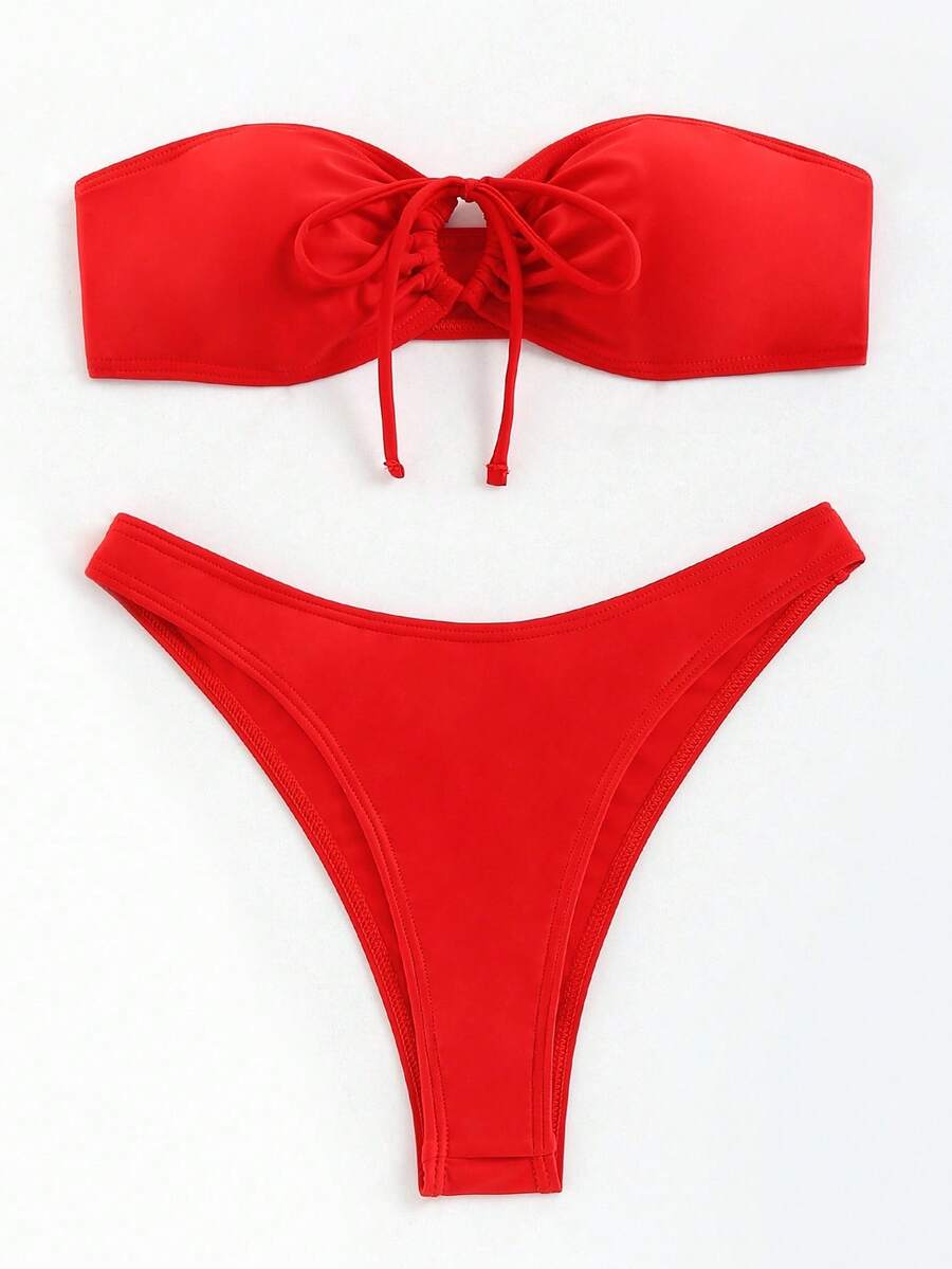 Swim Basics 2 piezas Conjunto de bikini bandeau rojo sólido con nudo delantero, traje de baño separado para vacaciones de verano de mujer