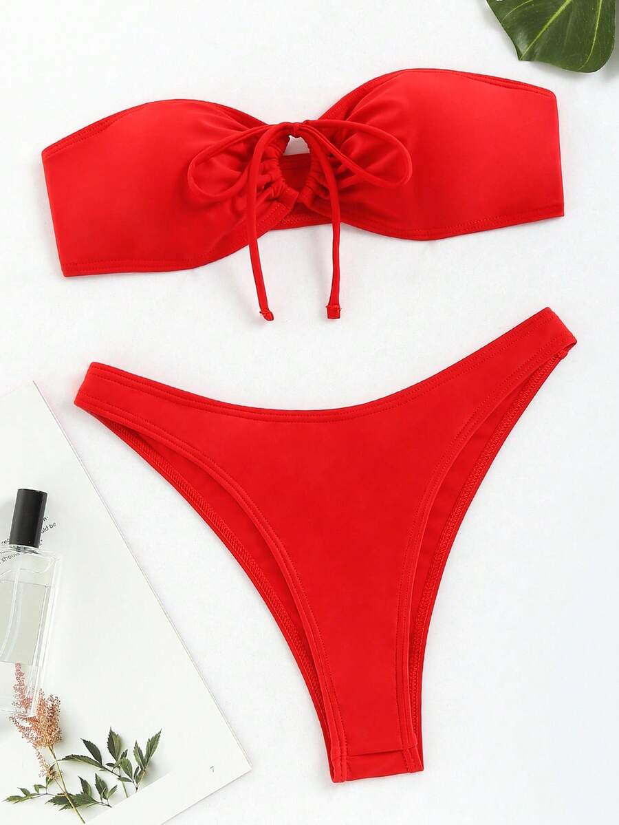 Swim Basics 2 piezas Conjunto de bikini bandeau rojo sólido con nudo delantero, traje de baño separado para vacaciones de verano de mujer