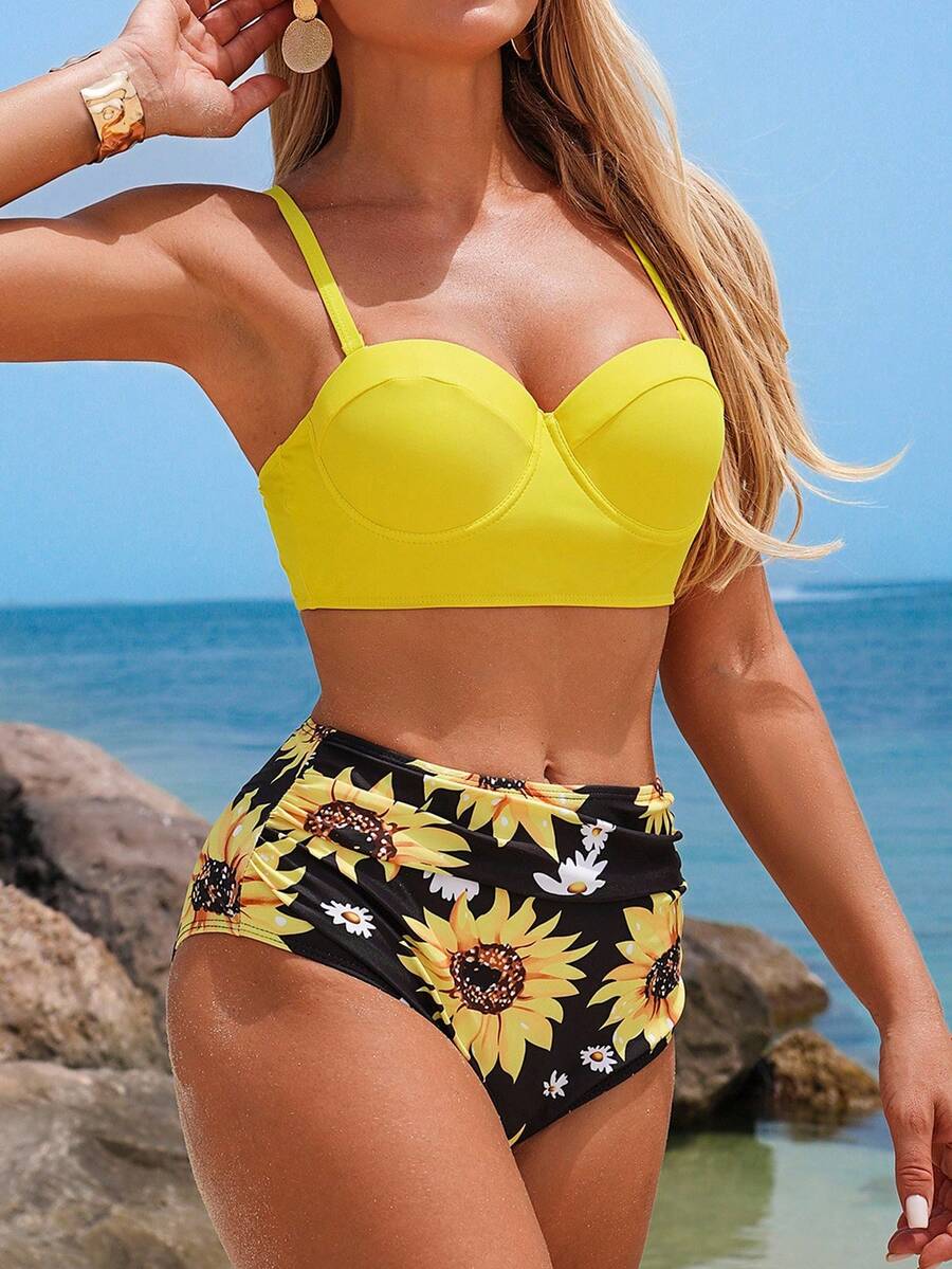 SHEIN Swim Conjunto de bikini con estampado de girasol Sujetador push up con aros y control de barriga Parte inferior de talle alto Traje de baño de 2 piezas