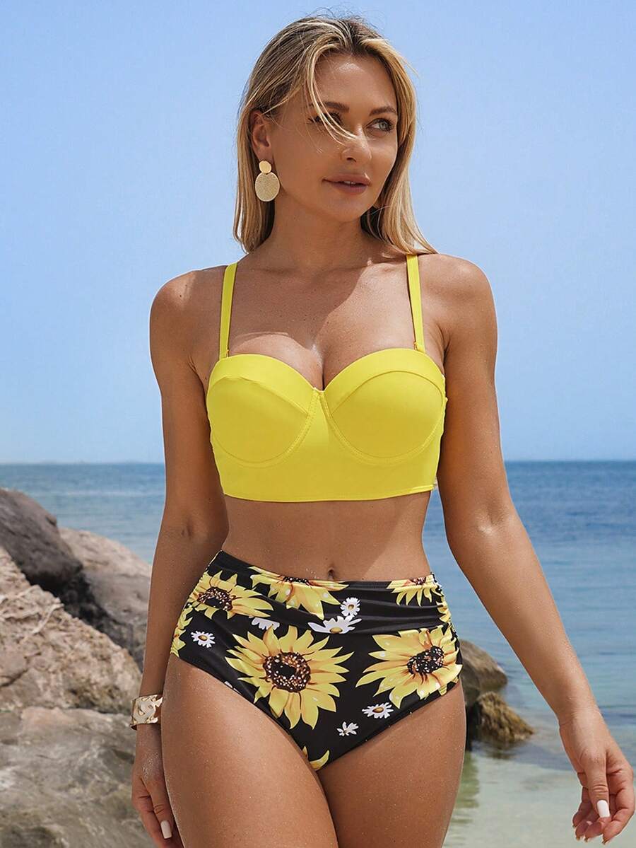 SHEIN Swim Conjunto de bikini con estampado de girasol Sujetador push up con aros y control de barriga Parte inferior de talle alto Traje de baño de 2 piezas