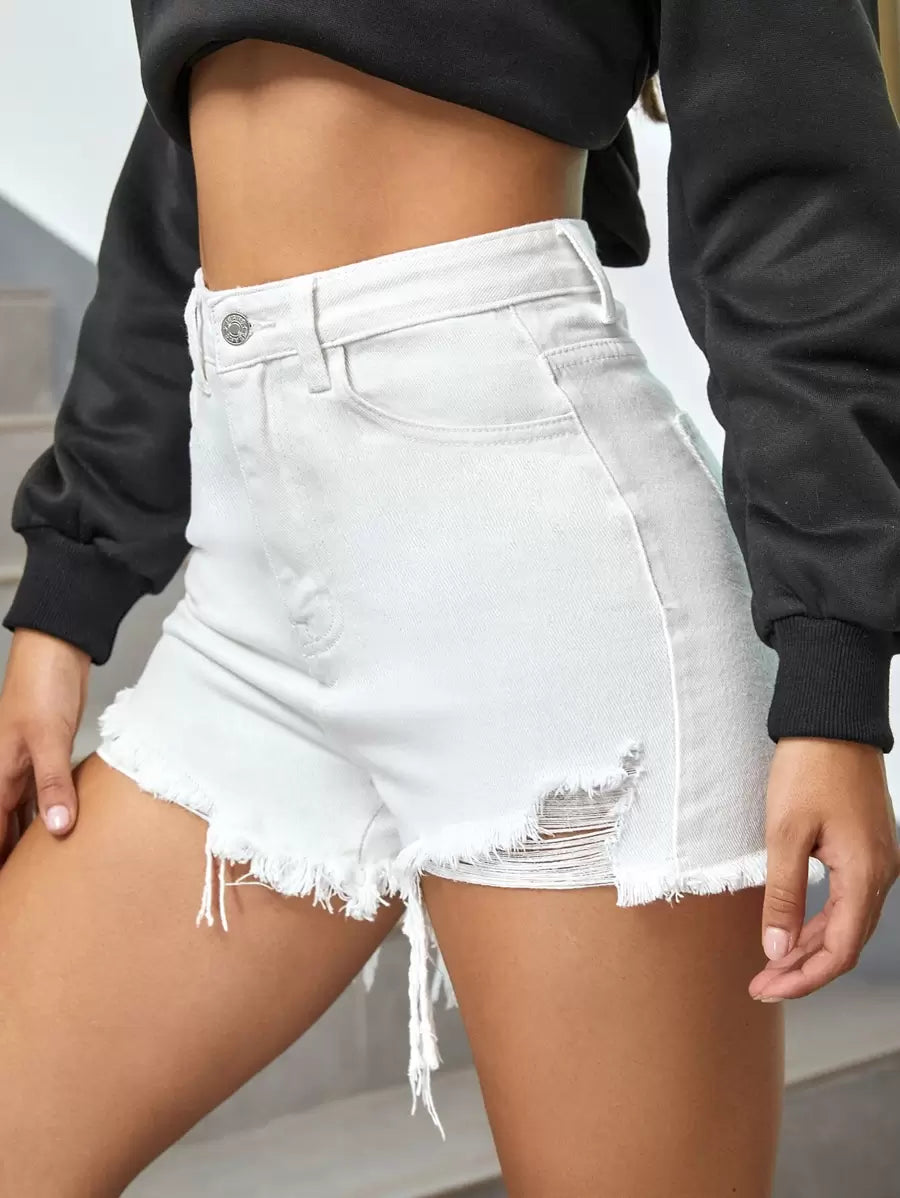 SHEIN EZwear Shorts mezclilla desgarro bajo crudo de talle alto