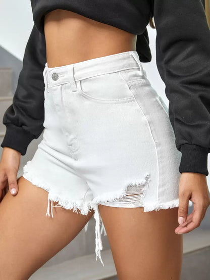 SHEIN EZwear Shorts mezclilla desgarro bajo crudo de talle alto