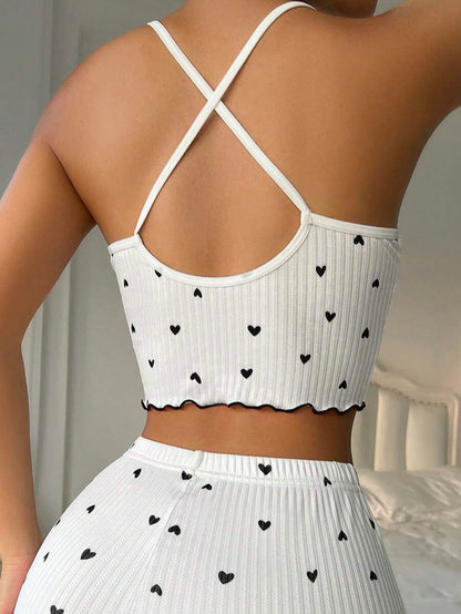 Top de pijama de camisola con lazo en la parte delantera con borde de lechuga y estampado de corazones