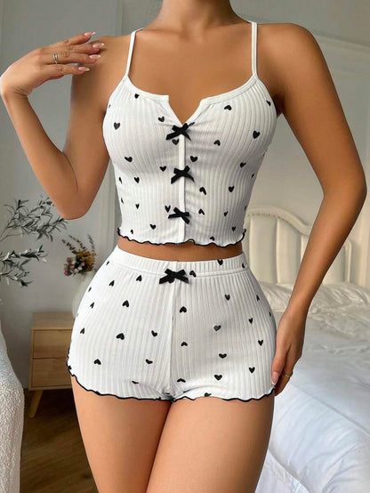 Top de pijama de camisola con lazo en la parte delantera con borde de lechuga y estampado de corazones