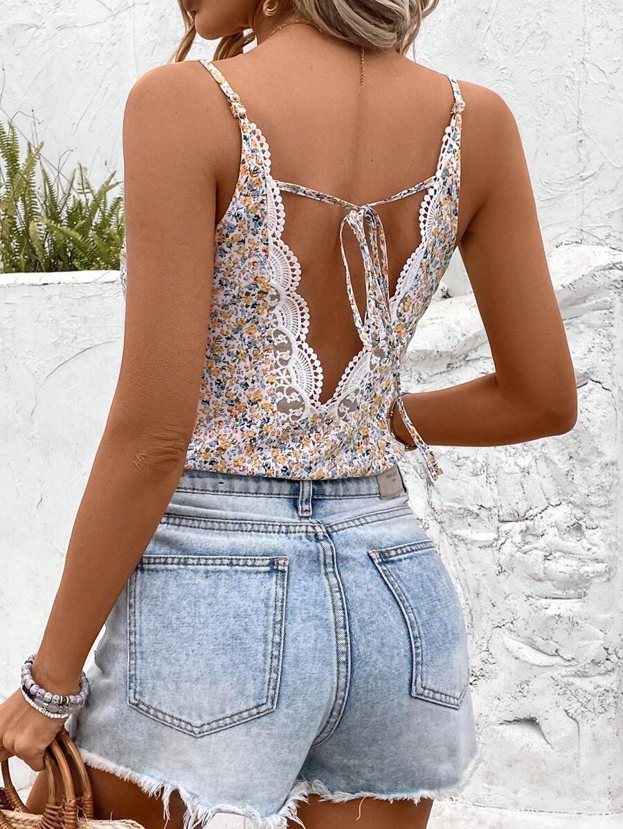 SHEIN Frenchy Top de tirantes con encaje y estampado floral para mujer, ideal para vacaciones de verano