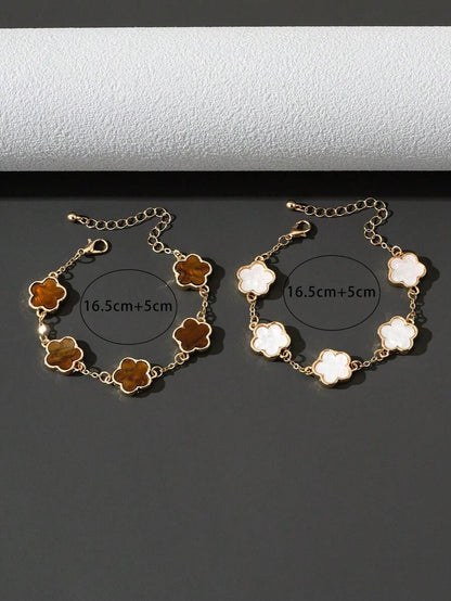 Set de 2 pulseras clásicas de estilo de moda con trébol blanco/marrón para San Valentín