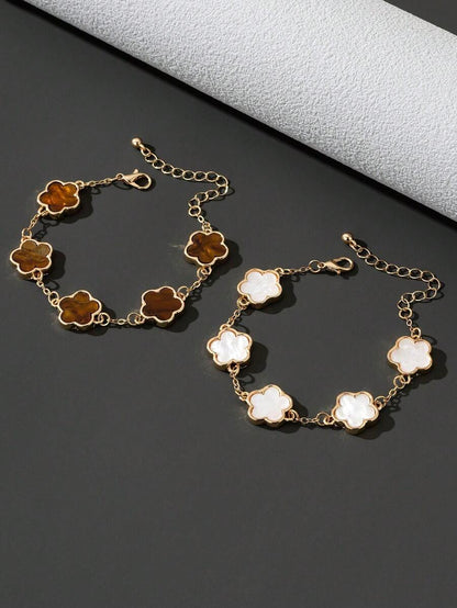 Set de 2 pulseras clásicas de estilo de moda con trébol blanco/marrón para San Valentín