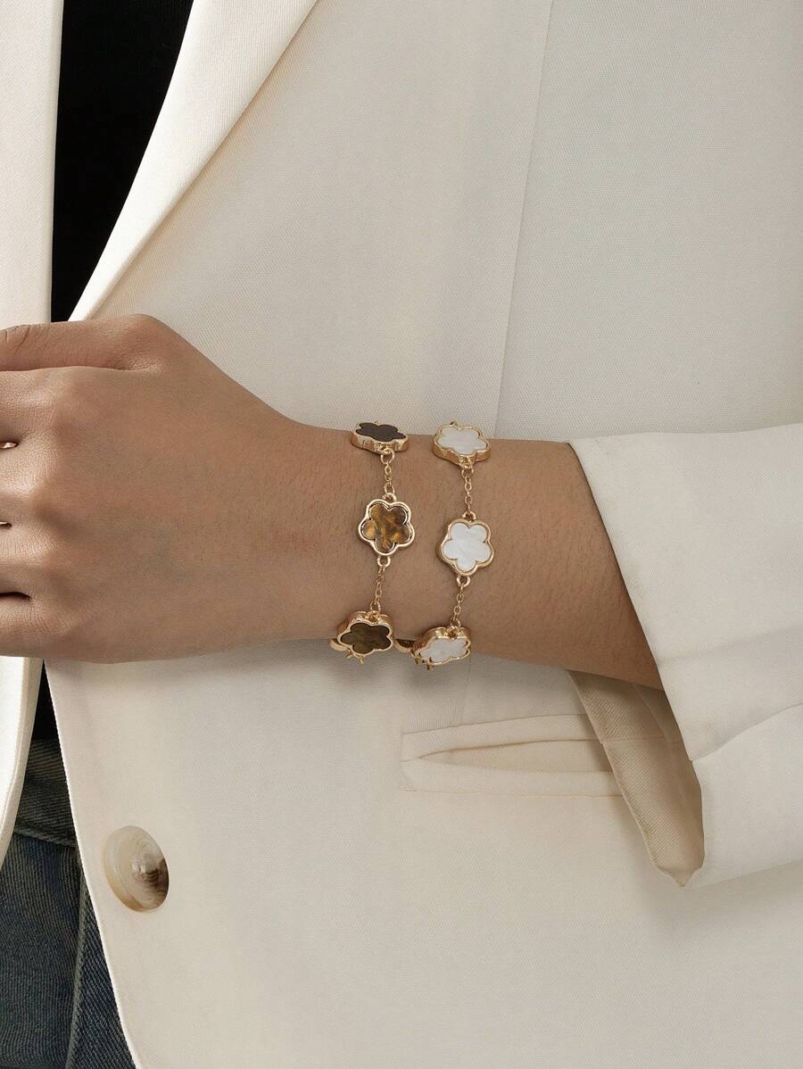 Set de 2 pulseras clásicas de estilo de moda con trébol blanco/marrón para San Valentín