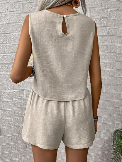 SHEIN LUNE Conjunto de top y shorts de unicolor para damas, perfecto para vacaciones/tiempo libre