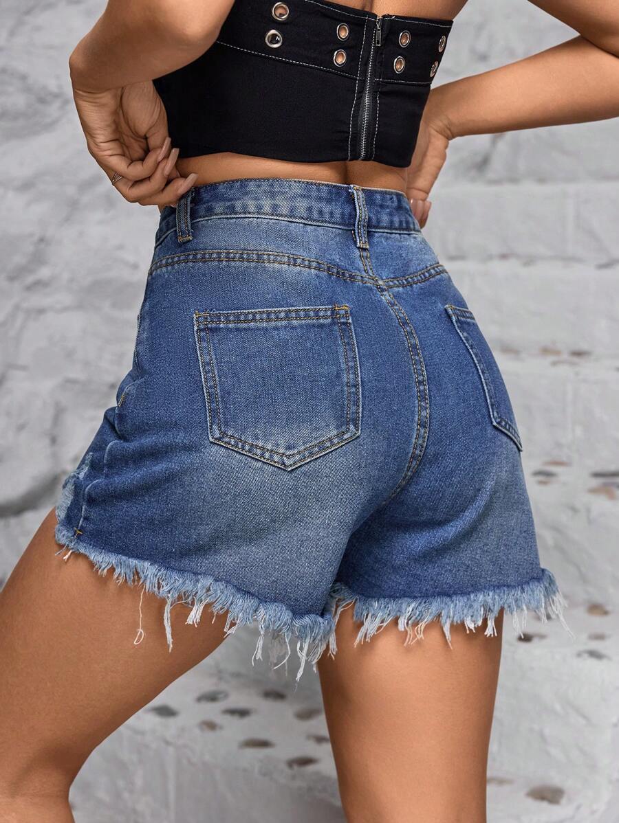 SHEIN EZwear Shorts mezclilla desgarro bajo crudo de talle alto