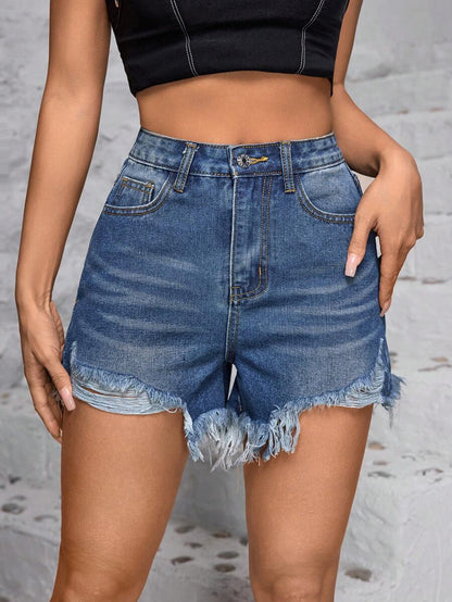 SHEIN EZwear Shorts mezclilla desgarro bajo crudo de talle alto
