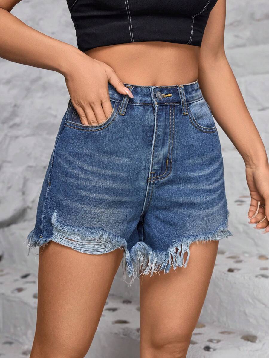 SHEIN EZwear Shorts mezclilla desgarro bajo crudo de talle alto