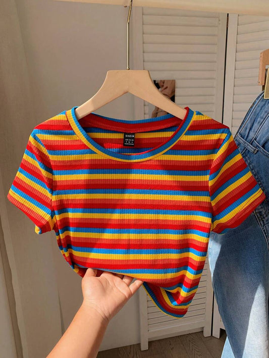 Comfortcana Camiseta de punto ajustada de mujer con rayas de colores