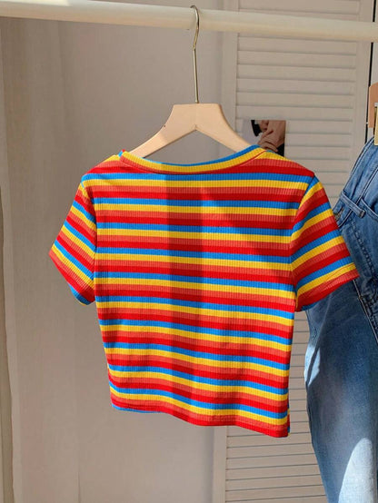 Comfortcana Camiseta de punto ajustada de mujer con rayas de colores