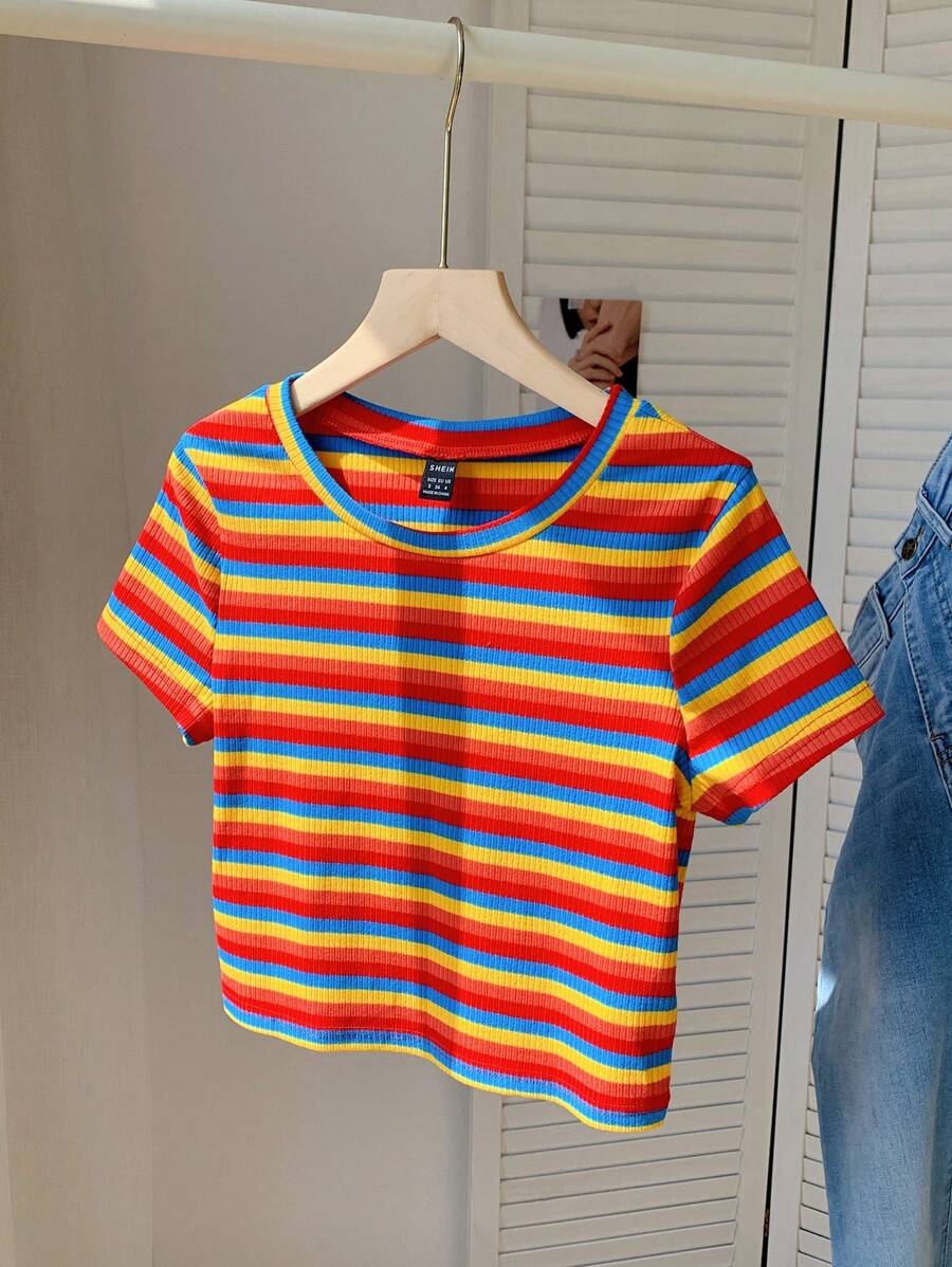 Comfortcana Camiseta de punto ajustada de mujer con rayas de colores