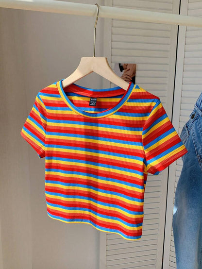 Comfortcana Camiseta de punto ajustada de mujer con rayas de colores